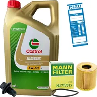 MANN Ölfilter + 5L Castrol Edge LL 5W-30 Motoröl + Ablassschraube ACEA C3