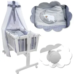 Baby Wiege Kinder Bett Stubenwagen Beistellbett + 9 tlg. Zubehör Weiß Grau