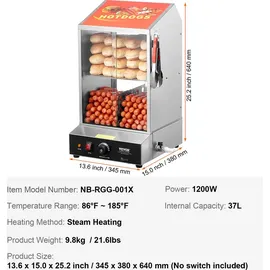 Vevor Hot Dog Dampfgarer, 37L, 2-stufiger Hot Dog Hütten-Dampfgarer, 30°C~85°C Temperaturregelung, elektrischer Brötchenwärmer mit Schiebetüren aus gehärtetem Glas, Trennplattenzange, Edelstahl, -