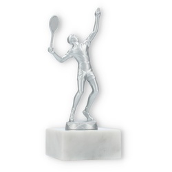Pokal Metallfigur Tennis Herren silbermetallic auf weißem Marmorsockel 16,0cm