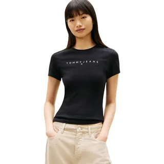 Tommy Jeans Damen T-Shirt Kurzarm Linear Slim Fit, Schwarz (Black 1), M - M