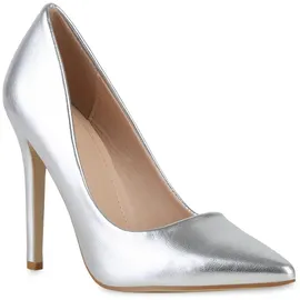 VAN HILL Damen High Heels Pumps Party Schuhe Stiletto Leder-Optik Partyschuhe Elegante Freizeit Absatzschuhe 210741 Silber 37 - 37 EU