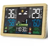 VOKSUN Wetterstation Funk mit Außensensor, Farbdisplay, Thermometer Hygrometer mit Wettervorhersage, DCF Funkuhr, Batteriebetrieb und Netzbetrieb(Holzmaserungsfarbe)