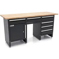 HBM Werkbank 171 cm mit 6 Schubladen und Tür, massive Holzarbeitsplatte, schwarz