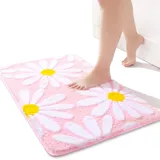 QJHOMO Rosa Badezimmerteppich Niedliche Gänseblümchen Badematte rutschfest Waschbar Badteppich Weiße und Gelbe Blume Badvorleger Weiche Duschvorleger Absorbierende Badezimmer Teppich 50x80 cm