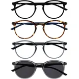 OPULIZE Met 4er-Pack Lesebrille Mit Sonne Leser Groß Runden Schwarz Braun Grau Herren Damen RRRS60-1277 +1,00