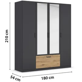 Rauch Möbel BARI Drehtürenschrank 4-türig, Kleiderschrank Grau-Metallic/Eiche Artisan, 1 Schublade, mit Spiegel, 181x210x54cm