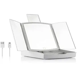 InnovaGoods - Klappbarer Spiegel mit 3-in-1 Make-up Organizer, Touch-Steuerung, 3 Beleuchtungsmodi, USB oder Batteriebetrieb, Weiß, Glas, 1 Einheit