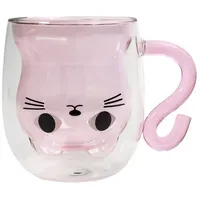 Intirilife Latte-Macchiato-Glas, Glas, Thermo Glas Doppelwandig mit Design Katze 200ml Kaffeetasse Teetasse rosa
