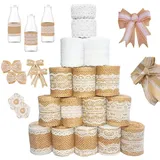 16 Rolle Juteband, Spitzenband, Juteband mit Spitze, 12M Spitzenband + 13M Spitzenband Weiß, Geschenkband Vintage, Juteband Spitzenband Natur, Juteband Breit für Deko Hochzeit Geschenkverpackung