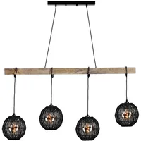 GLOBO Lighting - Hängelampe Pendelleuchte Wohnzimmerlampe Esstischleuchte Küchenlampe, Metall schwarz Holz naturfarben, Höhenverstellbar, 4 Flammig