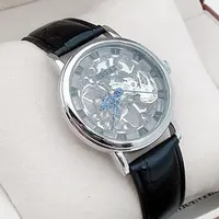 Silber Erbstück Mechanisch Handaufzug Skelett Steampunk Schwarz Leder Luxus Uhr