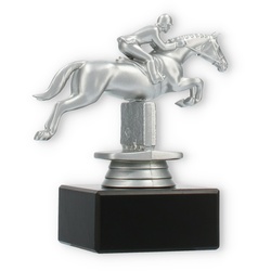 Pokal Kunststofffigur Springreiten silbermetallic auf schwarzem Marmorsockel 11,8cm