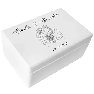 Creative Deco Weißes Geschenk zur Hochzeit | Erinnerungsbox Hochzeit | Personalisiert Geschenkkiste für Brautpaar JGA | Hochzeitspaar Motiv | Holzkiste mit Deckel | Farbdruck | 30 x 20 x 14 cm