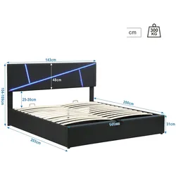 Merax LED Polsterbett 140x200 Doppelbett Funktionsbett aus Kunstleder mit Höhenverstellbares Kopfteil & Lattenrost Schwarz