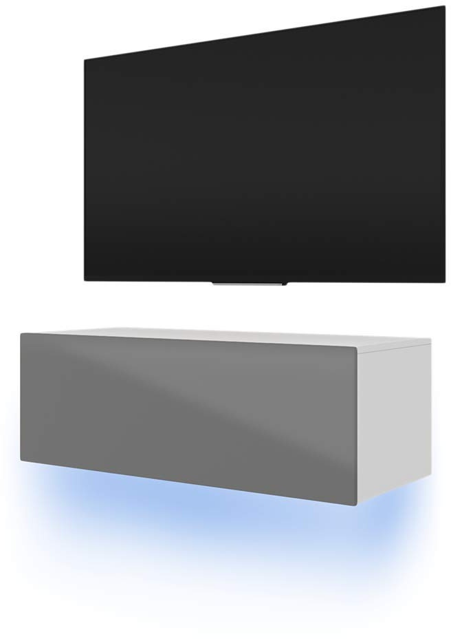 TV Schrank Lowboard Hängeboard SIMPLE mit LED Blau (100cm, Weiß Matt/Grau Hochglanz)