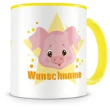 Samunshi® Kindertasse mit Namen Tasse lustiges Schwein Personalisierte Tasse mit Namen Kinder Kinderbecher mit Namen Kindergarten gelb 300ml