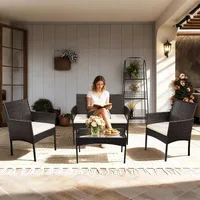 Ikodm Gartenmöbel Set 4-teilig Polyrattan Sitzgruppe mit 2 Sesseln, 2-Sitzer Sofa und Glastisch, Braun - Braun