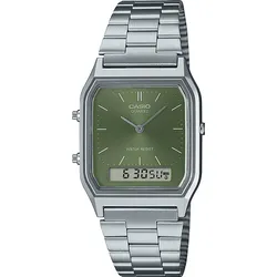 Chronograph CASIO VINTAGE, edelstahlfarben, oliv, Armbanduhren, Damen, Quarzuhr, Armbanduhr, Damenuhr, Herrenuhr, Edelstahlarmband,Digitaluhr