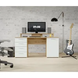 Forte Schreibtisch NET, 145 x 60 cm - Artisan Eiche Dekor - Hellgrau matt - 1 Tür 4 Schubladen