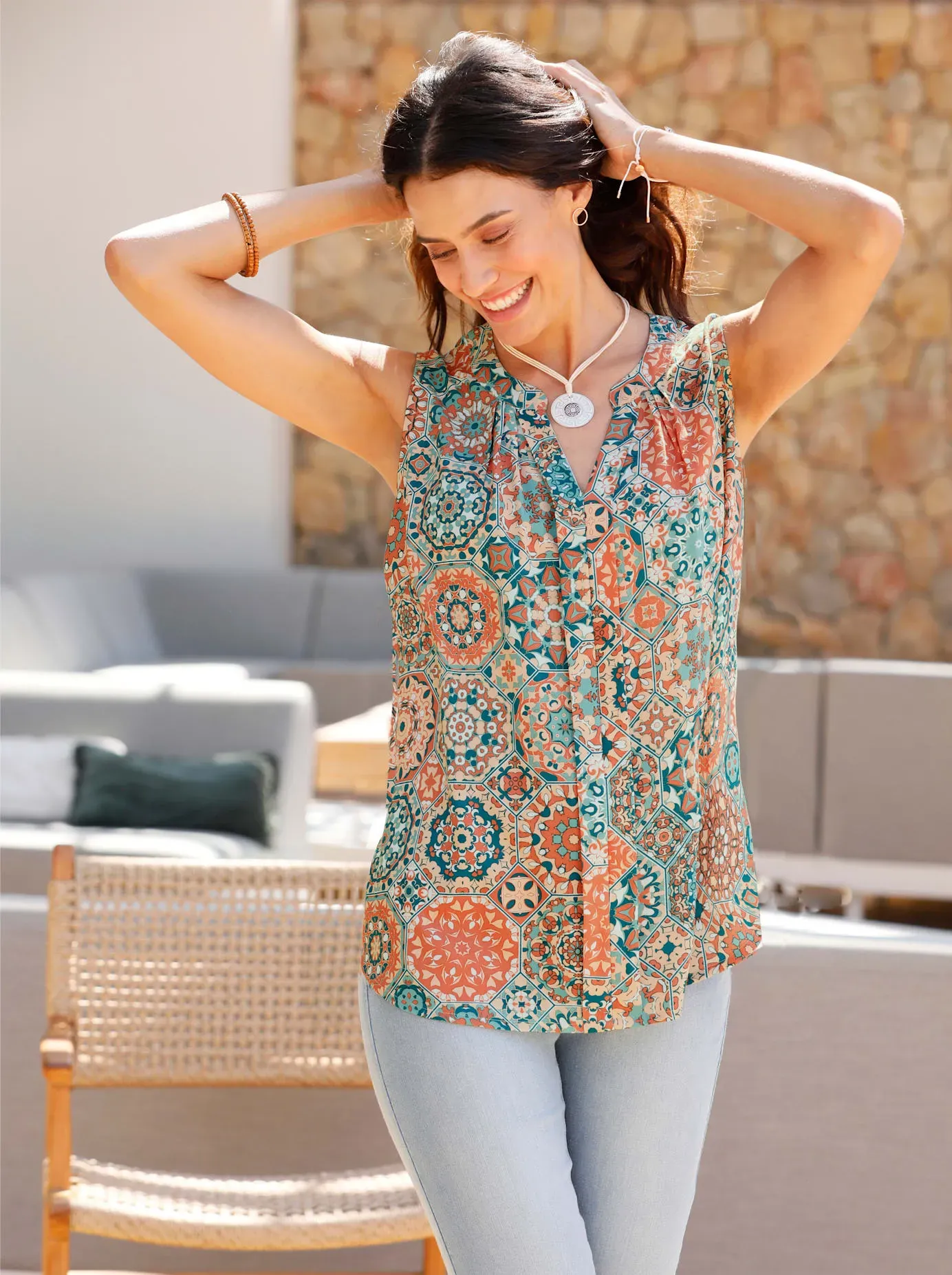Blusentop INSPIRATIONEN, Damen, Gr. 36, bunt (apricot, salbei, bedruckt), 100% Viskose, gemustert, mehrfarbig, Rundhals, Blusen Blusentop