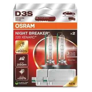 Osram Xenarc Night Breaker D3S, +220% mehr Helligkeit, Xenon-Scheinwerferlampe, 66340XN2-2HB, Faltschachtel 2 Stück