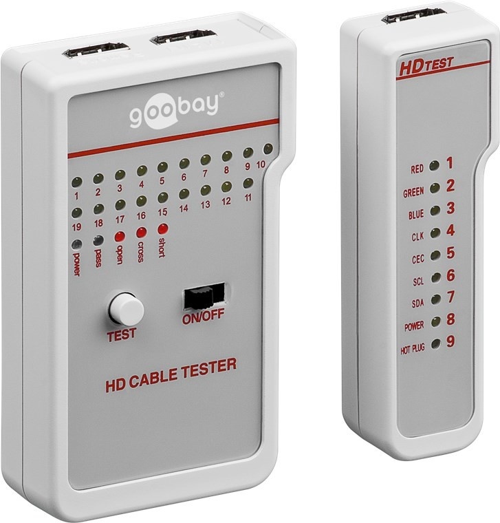 Goobay HD Kabeltester - 1x Kabeltester mit 2x HDMITM-Buchsen (Typ A) > 1x Kabeltester mit 1x HDMITM-Buchse (Typ A)