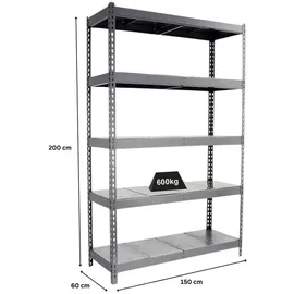 Proregal Schwerlastregal Metal Beast Five HxBxT 200 x 150 x 60 cm Fachlast 600 kg Grau