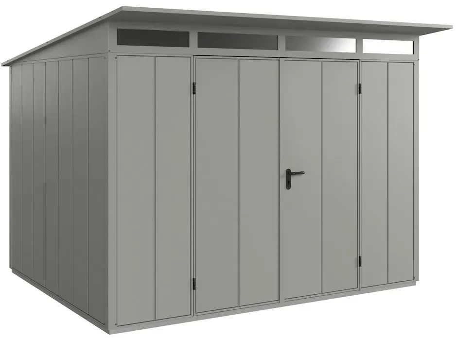 Hörmann Metall-Gerätehaus Berry mit Pultdach B 302 x T 238 cm (Typ 3), Motiv Modern (mit breiten Lamellen), Doppeltür, Graualuminium (RAL 9007)