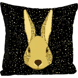 Dekokissen QUEENCE "Ares", schwarz (goldstaub, schwarz, bedruckt), B:40cm L:40cm, Polyester, Dekokissen_Sitzkissen_Kissenhüllen, mit einem Hasen im Weltraum