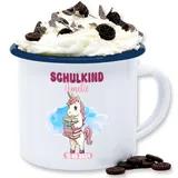 Emaille Tasse Blechtasse - Schulanfang - Einschulung Mädchen | Schulkind Mädchen Schulstart Einhorn mit Namen - 300 ml - Weiß Blau - name schule trinkbecher einschulungs personalisierte