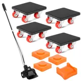 9-Teiliges Möbel Transportroller Set, Schwerlast Möbelheber mit 630mm Verlängerungsstange, 4 Möbelrollen, 4 Höhenversteller, 400kg Tragfähigkeit, 360° drehbarer Möbeltransport & Umzugshelfer
