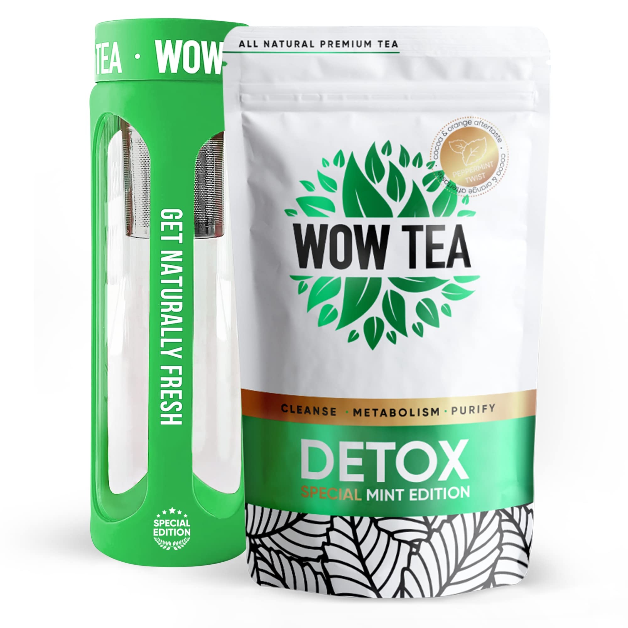 WOW TEA Mint Detox mit Eco Green Bottle - Detox Tea For Full Body Cleanse, Drink mit 9 Reinigenden Kräutern, Aufgeblähter Bauch Entspannung Tee | Green Tea, Peppermint | 150 gr, Made in EU