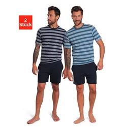 Pyjama AUTHENTIC LE JOGGER, Herren, Gr. 52/54 (L), blau (navy, petrol), Jersey, Obermaterial: 100% Baumwolle, unifarben, gestreift, Basic, bequem kurz, Rundhals, Kurzarm abgesteppte Kante, Homewear-Sets, Schlafanzug mit gestreiften Oberteilen