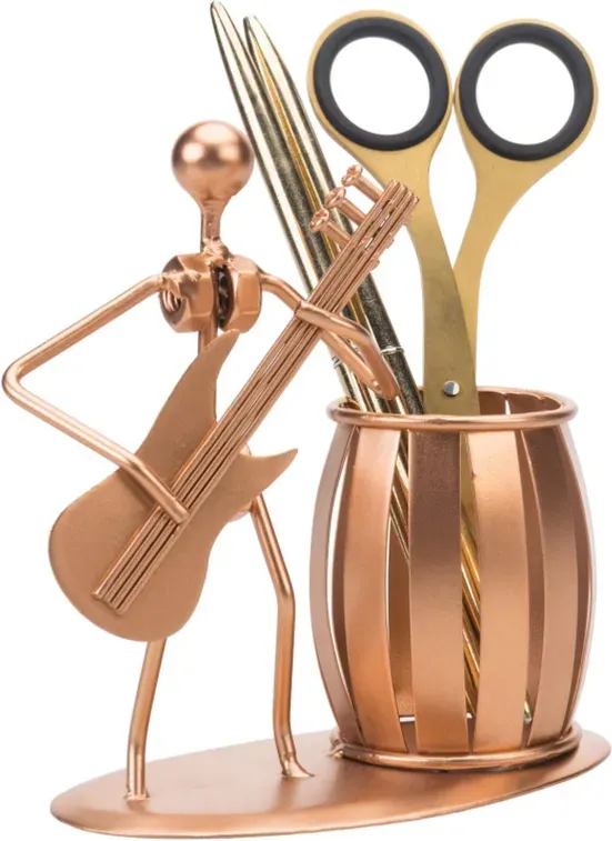 MyGift Dekorativer Kupferfarbener Metall Stiftehalter Becher mit Rocker und Gitarren Design, Bürobedarf Organizer Stiftebecher