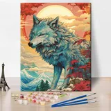 Malen nach Zahlen für Erwachsene Wolf steht vor Berg Felsen Malen nach Zahlen Kit Tier Leinwandkunst DIY Malen nach Zahlen für Erwachsene Kinder Malen nach Zahlen für Erwachsene Anfänger 16x20 Zoll