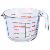 Relaxdays Messbecher Glas, 1 Liter, hitzebeständig, mikrowellengeeignet, Skala in ml, Cups, oz, Litermaß, transparent