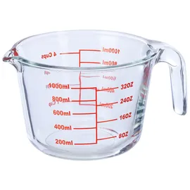 Relaxdays Messbecher Glas, 1 Liter, hitzebeständig, mikrowellengeeignet, Skala in ml, Cups, oz, Litermaß, transparent