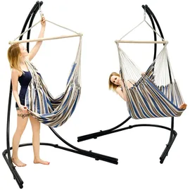 AMANKA XXL Hängesessel mit Gestell Hängestuhl für 2 Hängeliege Hängesitz Streifen Blau