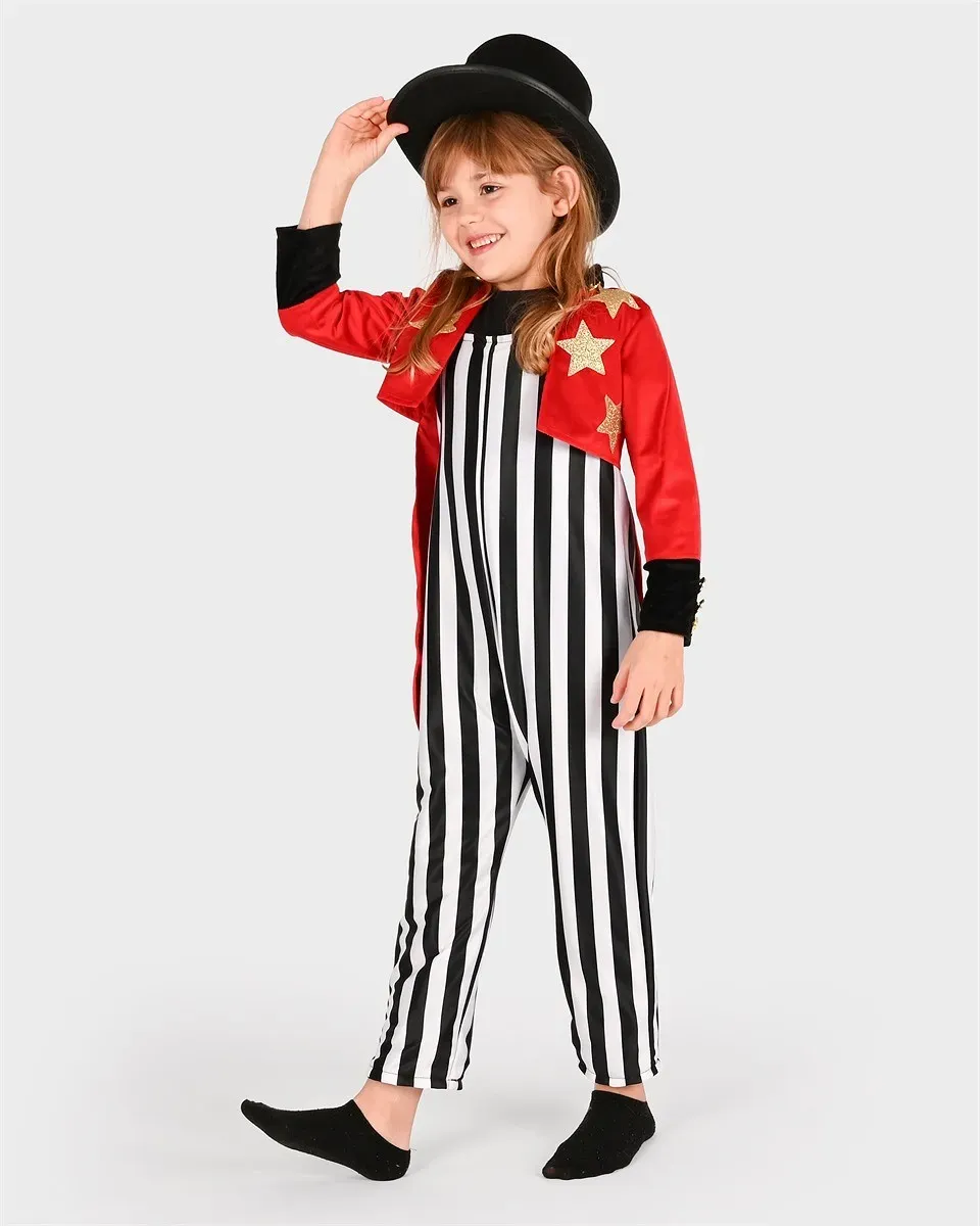 Zirkusdirektor Kostümset Kinder 4-6 Jahre Rot, Gold, Schwarz Polyester mit Jacke, Overall, Zylinderhut - Den Goda Fen - Langlebig, Pflegeleicht
