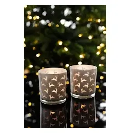 Edzard 2er-Set Teelichtglas Hiti (Höhe 8 cm, Ø 7 cm), Motiv Rentiere, außen grau, innen Gold - Windlicht, Kerzenglas