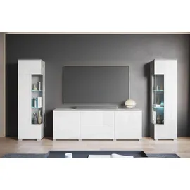 INOSIGN Wohnwand INOSIGN "KENIA", weiß (betonoptik, weiß hochglanz), B:270cm H:161cm T:34cm, Holzwerkstoff, Kastenmöbel-Sets, Wohnwand, Vitrinen mit Eckverglasung, hängend und stehend montierbar