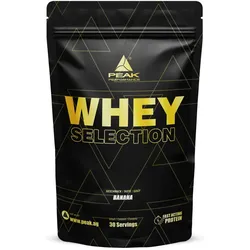 PEAK Whey Selection - 900g - Geschmack Banana I 30 Portionen I für Muskelaufbau I Proteinquelle: Whey Konzentrat, Isolat, Hydrolysat + freies L-Leucin I mit Laktase