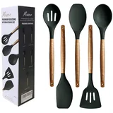 Miusco Silikon Kochlöffel Set, Antihaft-Silikon-Küchenutensilien-Set, 5-teilig, Küchenhelfer Set mit Akazien-Hartholzgriff, Grün, BPA-frei, Silikon-Küchenutensilien-Set zum Backen & Servieren