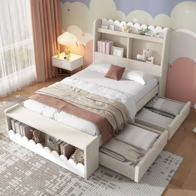 Kinderbett Einzelbett Stauraumbett mit Schubladen, Regal und Sitzbank mit Stauraum, Holzbett 90x190 cm, Bettgestell und Lattenrost aus Holz, Weiß mit Eichefarben (Ohne Matratze)