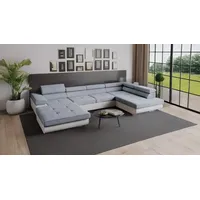 Goldstoff Wohnlandschaft RELAX U Ecksofa mit Schlaffunktion, Kunstleder & Samt, 345 × 205 cm, zwei Bettkästen, verstellbare Kopfstützen grau
