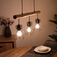ETC Shop etc-shop Holz Design Hängeleuchte mit Gitter Lampenschirmen Pendelleuchte mit Holzbalken 3 flammig, Metall schwarz Holz natur, 5x E27 max 40 Watt, LxBxH 60x13,6x140 cm, Wohnzimmer Esszimmer