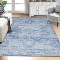 LuxFocus Teppich Vintage Blau-Weiß Teppich rutschfest Waschbarer Verwischt Design Teppiche für Schlafzimmer Wohnzimmer Bodenmatte Kurzflor Bordüre Ornamental, Blau 140x200 cm