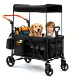 Bonnlo Bollerwagen Faltbar Kinder mit Dach, Doppel-Kinderwagen 121x53x110,5 cm, All-Terrain-Räder, 360° Vorderräder mit Federung, Fußbremse, 5-Punkt-Gurt, abnehmbares Sonnendach UV-Schutz, Schwarz