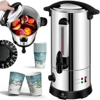 Kesser KESSER® Glühweinkessel 10L Edelstahl Inkl. 10x Becher Glühweinkocher mit Thermostat Glühweinautomat Heißgetränkeautomat Wasserkocher Heißwasserspender Einkochautomat Füllstandanzeige Zapfhahn